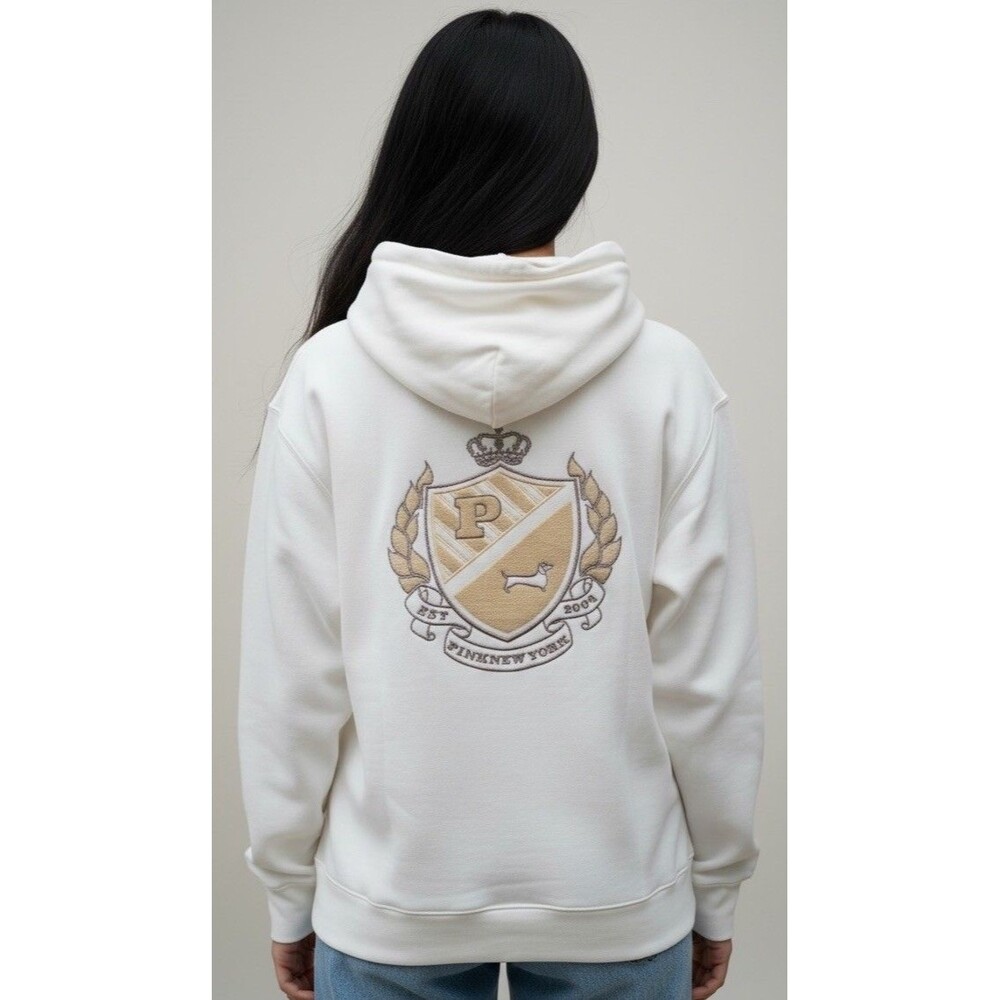 Victoria’s Secret PINK Hoodie Womens Large Ivory Full Zip Embroidered Logo NWT